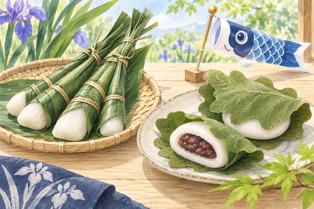 笹で細長く包んだちまきと、柏の葉で餡入りの餅を包んだ柏餅を端午の季節に並べたイメージ