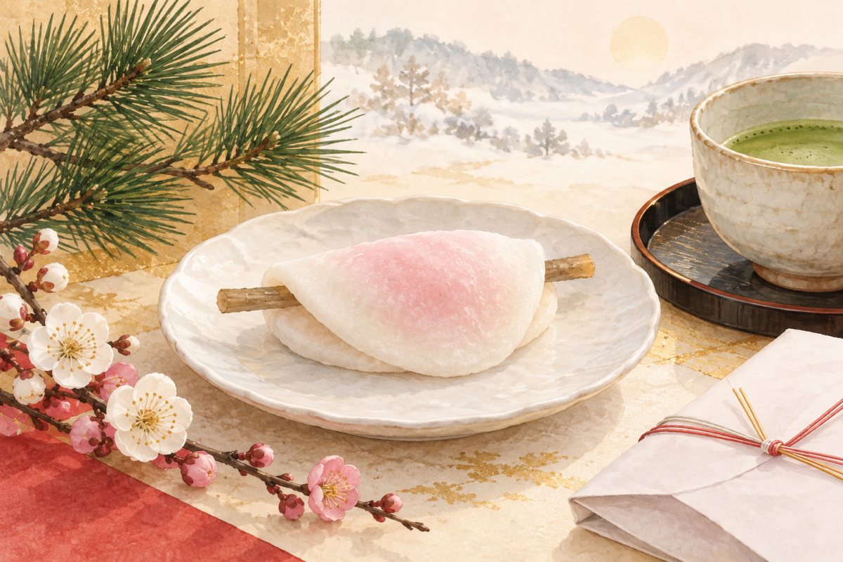 松と梅の正月飾りのそばに、ごぼうを挟んだ淡い紅白の花びら餅を描いたイメージ