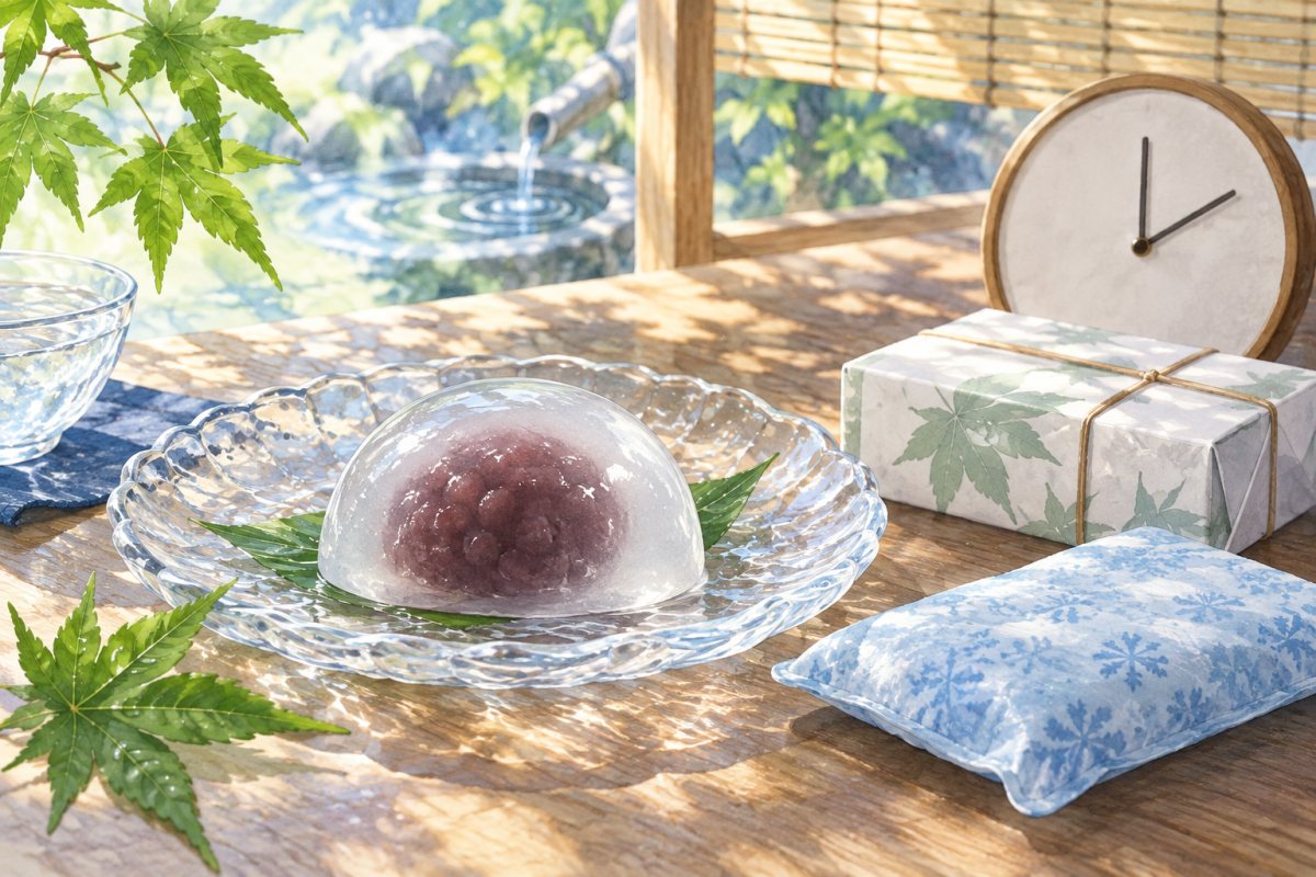 涼しい器の葛饅頭、持ち帰り箱、保冷材、時計を組み合わせた夏の保存と食べ頃のイメージ