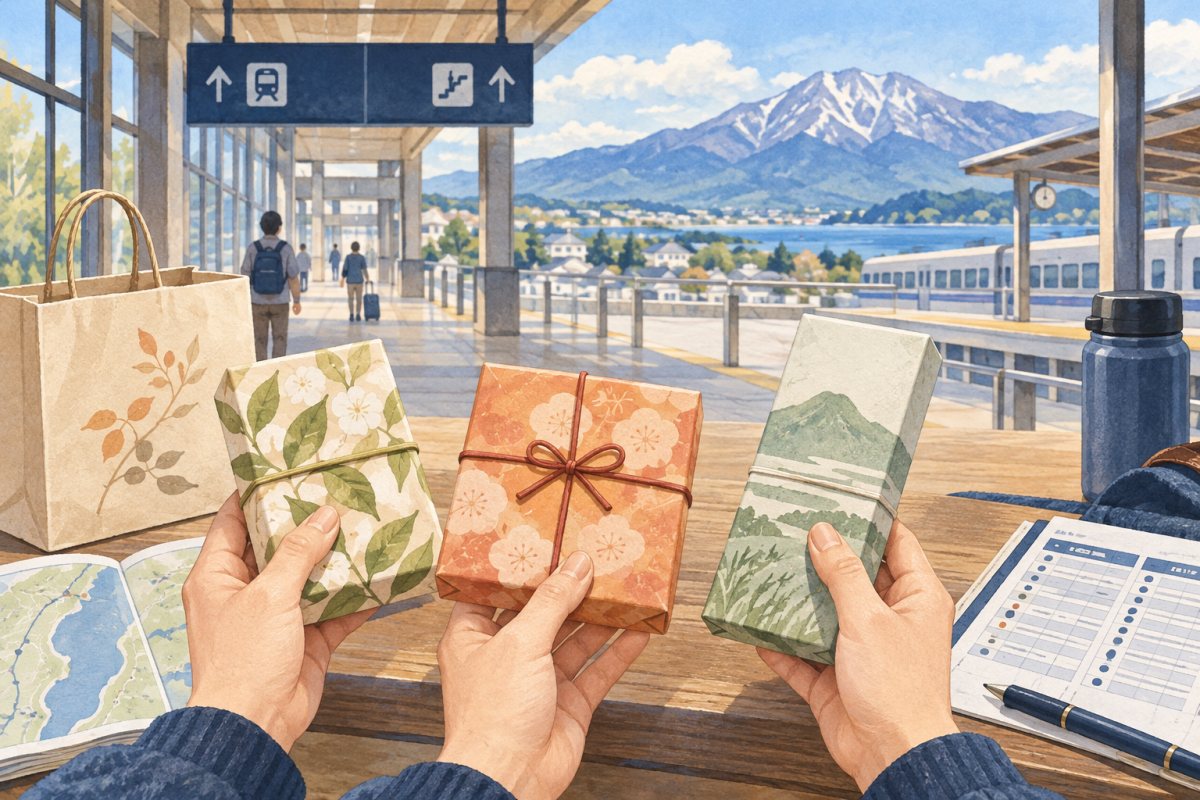 鉄道駅の風景を背景に、乗換時の手土産候補を比較する旅行計画の編集イラスト