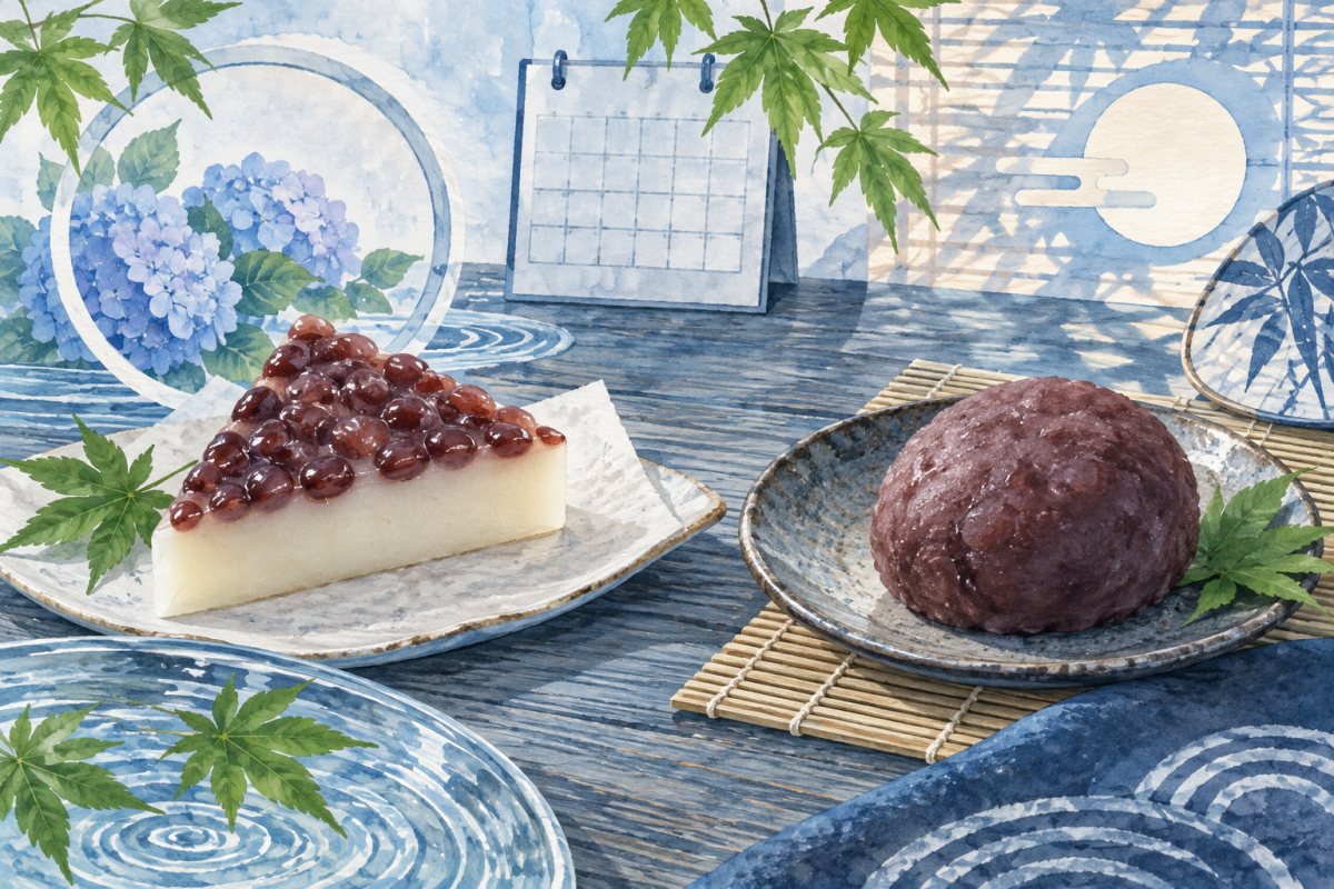 小豆をのせた三角形の水無月と餡で包んだ土用餅を、夏の暦や涼感とともに比較したイメージ