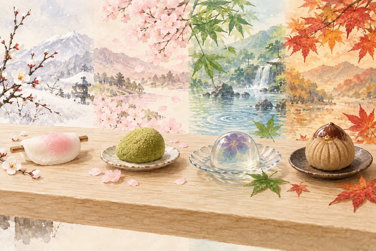 冬の花びら餅、春のうぐいす餅、夏の葛菓子、秋の栗菓子を四季の風景とともに並べたイメージ