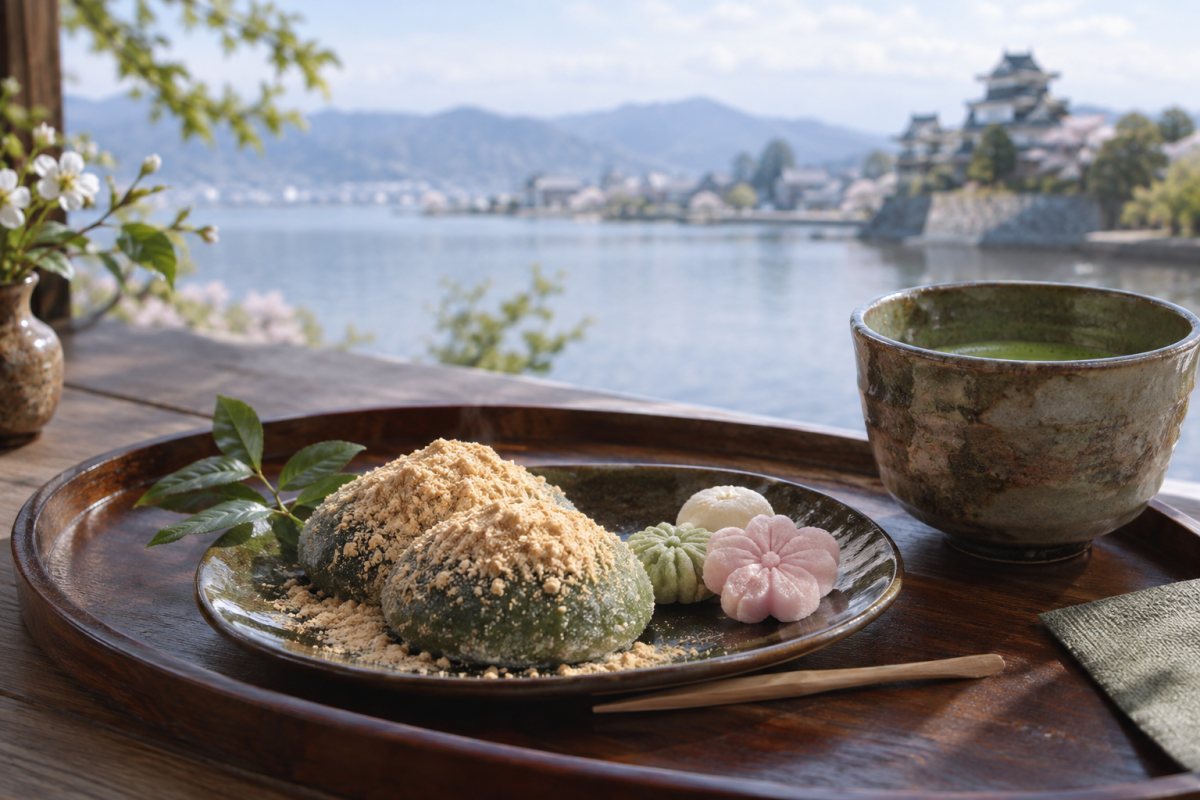 膳所の湖辺を背景によもぎ餅と干菓子を写真的に表現した編集イメージ