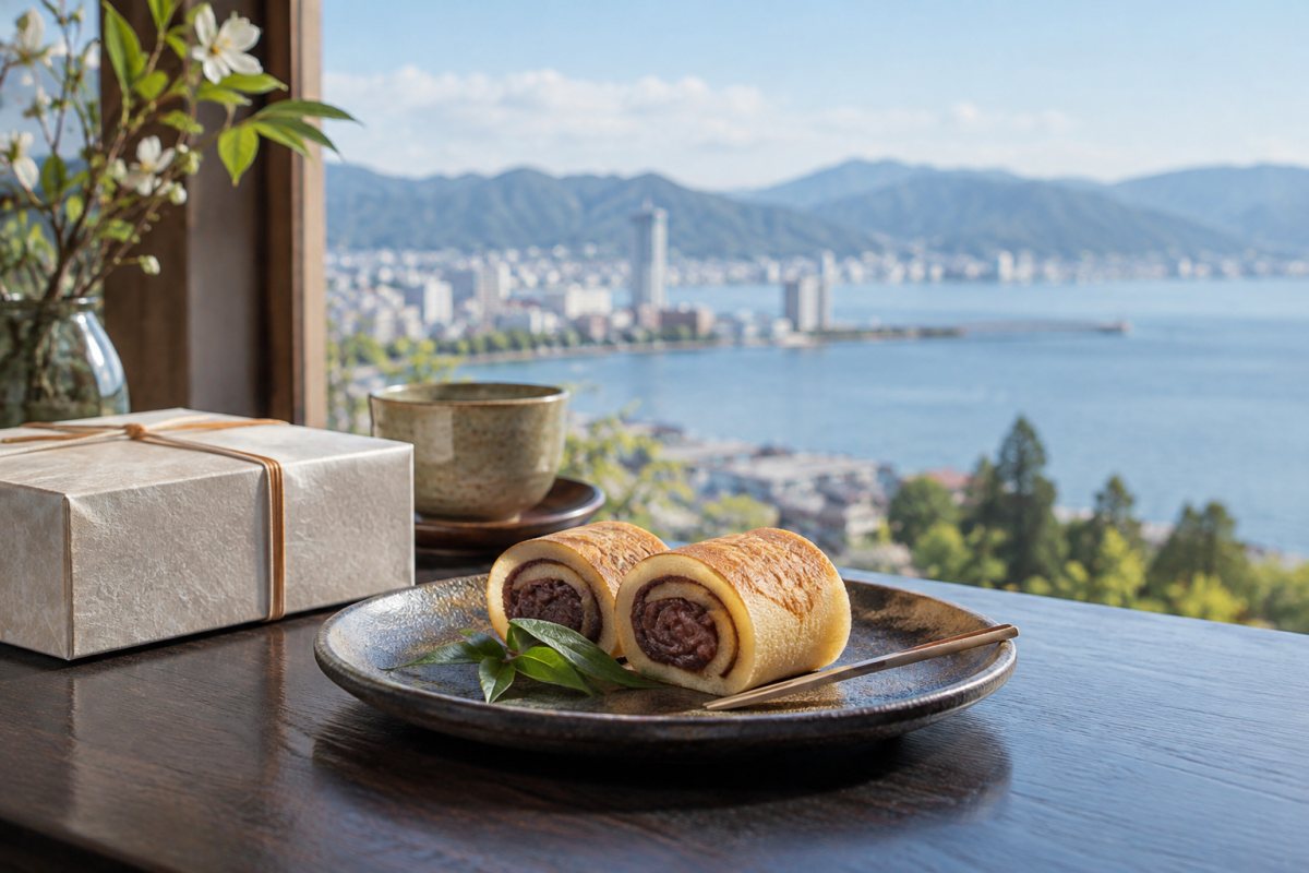 大津市街と琵琶湖を背景に餡を巻いた菓子と贈答箱を写真的に表現した編集イメージ