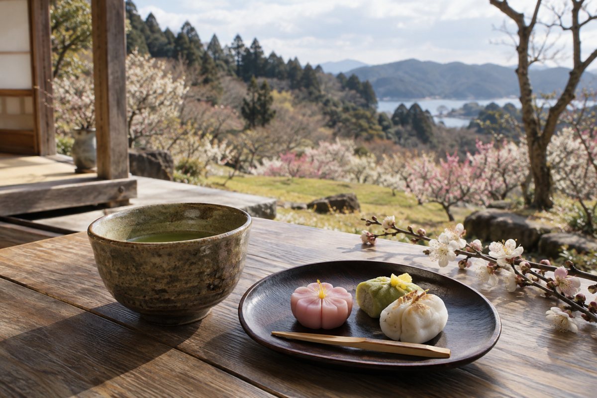梅林と里山を望む縁側で季節の和菓子と茶を写真的に表現した編集イメージ