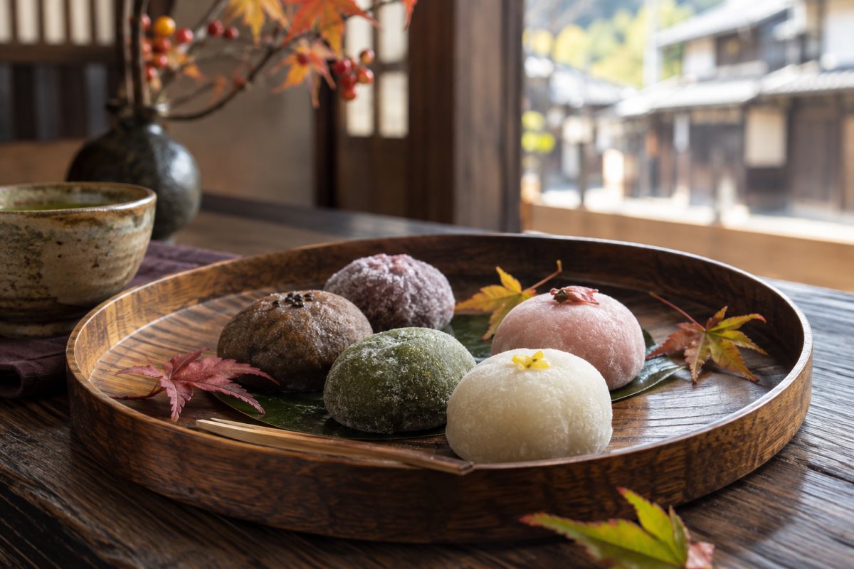 木之本宿の雰囲気と季節の餅菓子を組み合わせた写真的な編集イメージ