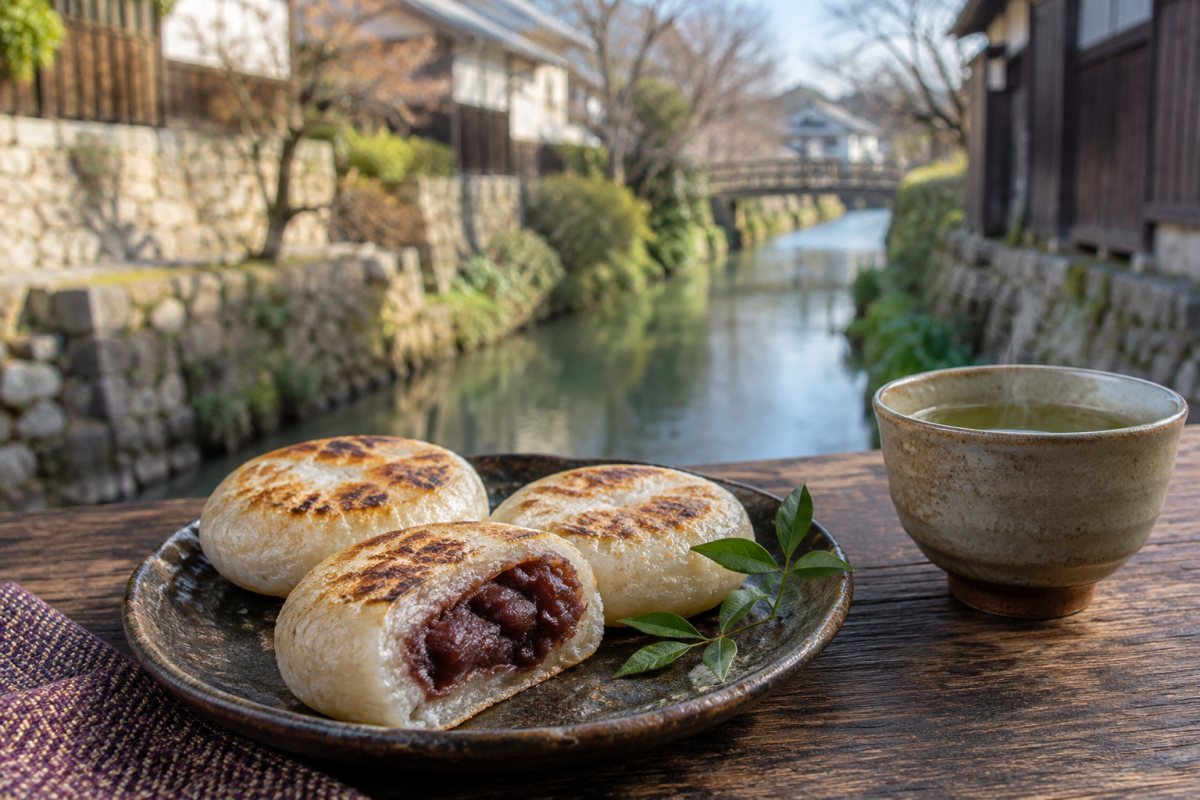 近江八幡の水路を背景に焼いた餅菓子を並べた写真的な編集イメージ