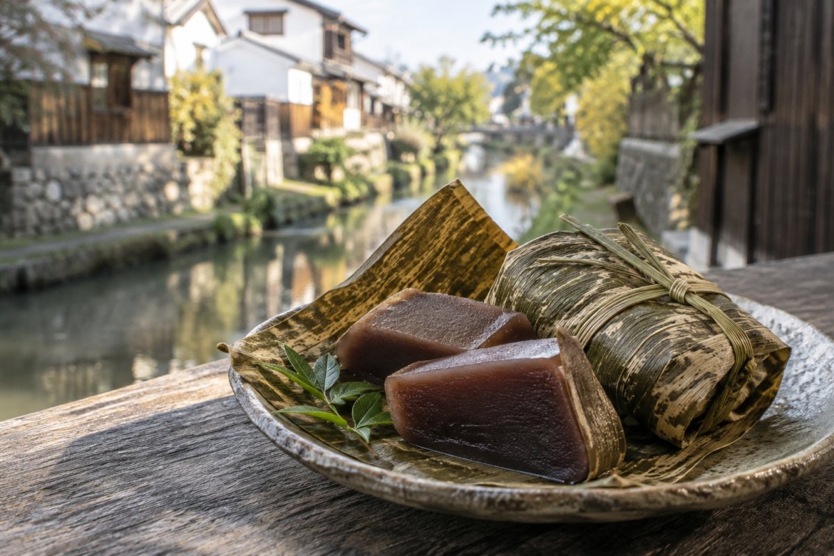 近江八幡の町並みと竹皮包みの蒸し羊羹を写真的に表現した編集イメージ