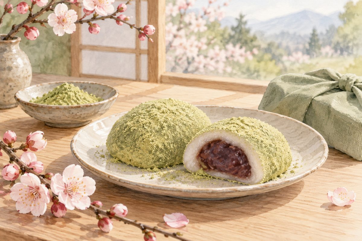 春の梅花を背景に、青きな粉をまぶしたうぐいす餅と餡の断面を描いたイメージ